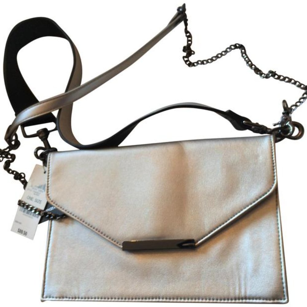 INC silver metallic black chain interchangeable double strap cross body bag